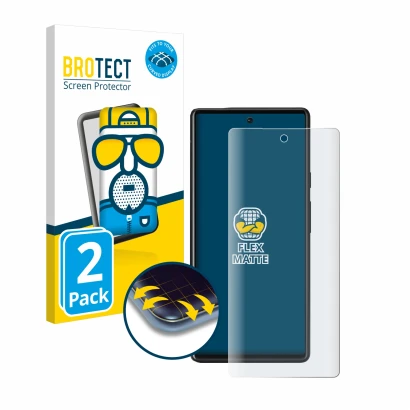 Front side of a product packaging with the brand logo BROTECT. Next to it is the device Google Pixel 6 shown with the correspo