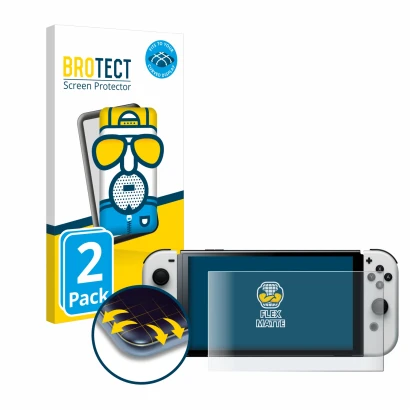 Front side of a product packaging with the brand logo BROTECT. Next to it is the device Nintendo Switch OLED-Modell shown with