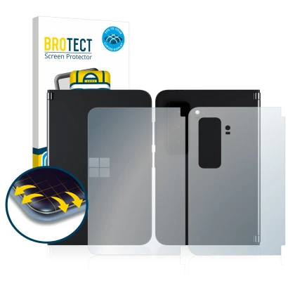 Front side of a product packaging with the brand logo BROTECT. Next to it is the device Microsoft Surface Duo 2 (Front+Back) s