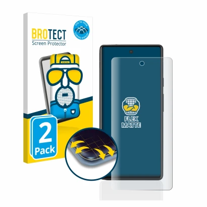Front side of a product packaging with the brand logo BROTECT. Next to it is the device Google Pixel 6a shown with the corresp