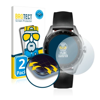Front side of a product packaging with the brand logo BROTECT. Next to it is the device TAG Heuer Connected Calibre E4 (42 mm)