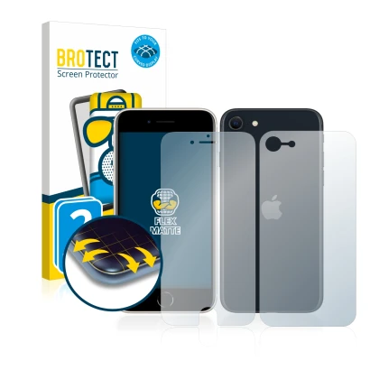 Front side of a product packaging with the brand logo BROTECT. Next to it is the device Apple iPhone SE 3 2022 (Front+Back) sh