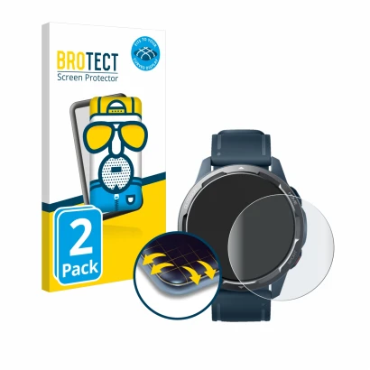 Front side of a product packaging with the brand logo BROTECT. Next to it is the device Xiaomi Watch S1 Active shown with the