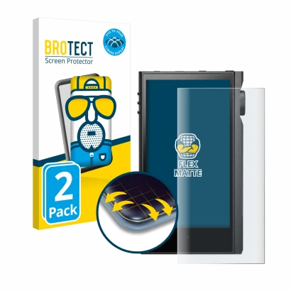 Front side of a product packaging with the brand logo BROTECT. Next to it is the device Astell&Kern Kann Max shown with the co