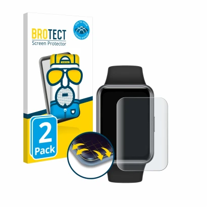 Front side of a product packaging with the brand logo BROTECT. Next to it is the device Huawei Watch Fit 2 shown with the corr