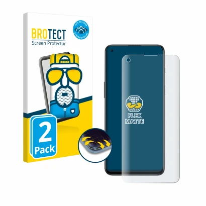 Front side of a product packaging with the brand logo BROTECT. Next to it is the device OnePlus Nord 2T 5G shown with the corr