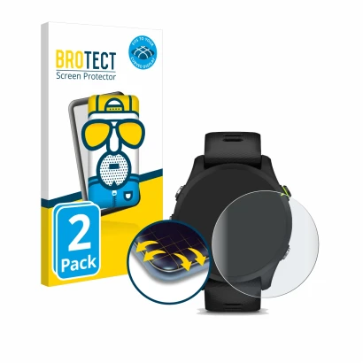 Front side of a product packaging with the brand logo BROTECT. Next to it is the device Garmin Forerunner 255 shown with the c