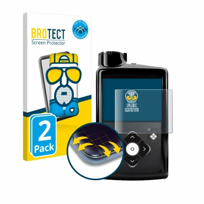 Front side of a product packaging with the brand logo BROTECT. Next to it is the device Medtronic Minimed 780G shown with the 