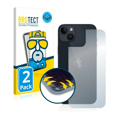 Front side of a product packaging with the brand logo BROTECT. Next to it is the device Apple iPhone 14 Plus (Back) shown with