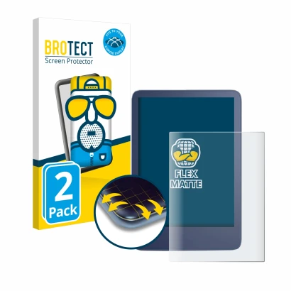 Front side of a product packaging with the brand logo BROTECT. Next to it is the device Amazon Kindle Reader 2022 shown with t