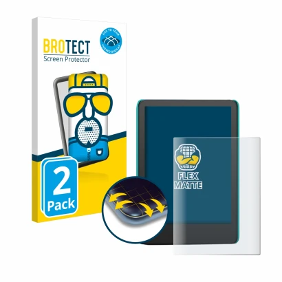 Front side of a product packaging with the brand logo BROTECT. Next to it is the device Amazon Kindle Kids (2022) shown with t