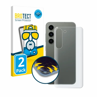 Front side of a product packaging with the brand logo BROTECT. Next to it is the device Samsung Galaxy S23 (Back) shown with t