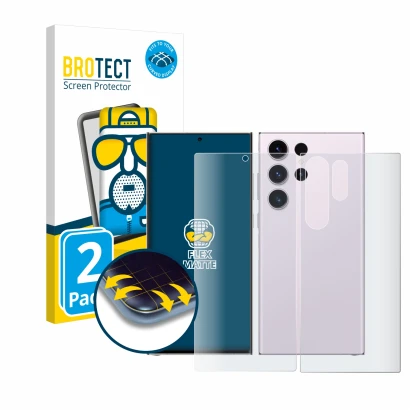 Front side of a product packaging with the brand logo BROTECT. Next to it is the device Samsung Galaxy S23 Ultra (Front+Back) 