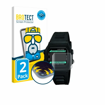 Front side of a product packaging with the brand logo BROTECT. Next to it is the device Casio W-86-1VQES shown with the corres