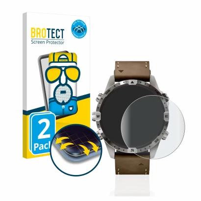 Front side of a product packaging with the brand logo BROTECT. Next to it is the device Garmin Marq Adventurer (Gen 2) shown w