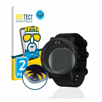 Front side of a product packaging with the brand logo BROTECT. Next to it is the device Suunto Core Alpha shown with the corre