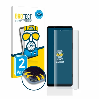 Front side of a product packaging with the brand logo BROTECT. Next to it is the device Sony Xperia 1 V shown with the corresp