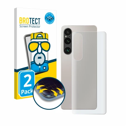 Front side of a product packaging with the brand logo BROTECT. Next to it is the device Sony Xperia 1 V (Back) shown with the 
