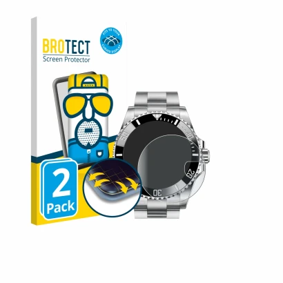 Front side of a product packaging with the brand logo BROTECT. Next to it is the device Rolex Submariner 16610 (Date) shown wi