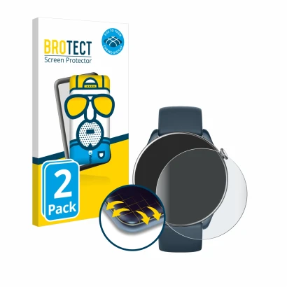Front side of a product packaging with the brand logo BROTECT. Next to it is the device Huami Amazfit GTR Mini shown with the