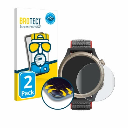 Front side of a product packaging with the brand logo BROTECT. Next to it is the device Huami Amazfit Cheetah Pro shown with t