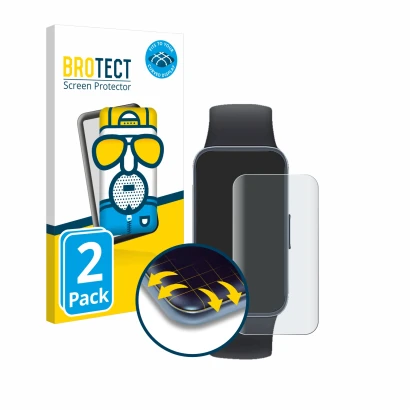 Front side of a product packaging with the brand logo BROTECT. Next to it is the device Huawei Band 8 shown with the correspon