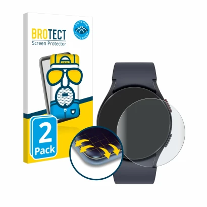 Front side of a product packaging with the brand logo BROTECT. Next to it is the device Samsung Galaxy Watch 6 (44 mm) shown w