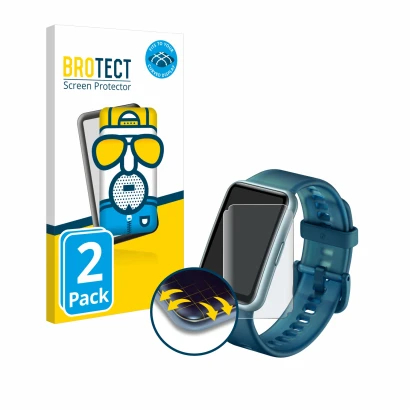 Front side of a product packaging with the brand logo BROTECT. Next to it is the device Huawei Watch Fit Special Edition shown