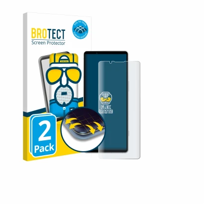 Front side of a product packaging with the brand logo BROTECT. Next to it is the device Sony Xperia 5 V shown with the corresp