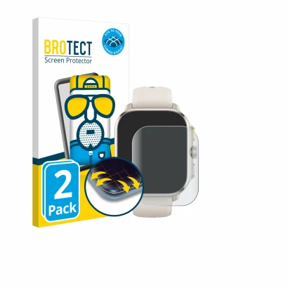 Front side of a product packaging with the brand logo BROTECT. Next to it is the device Huami Amazfit Cheetah (Square) shown w