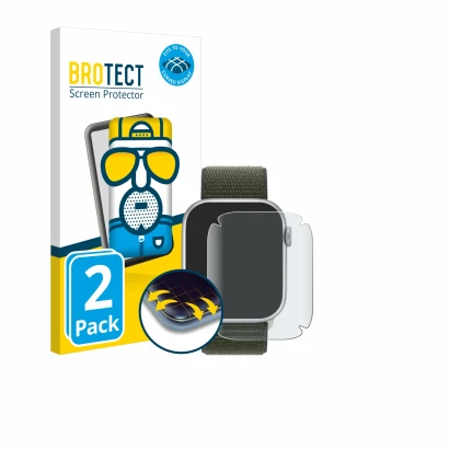 Front side of a product packaging with the brand logo BROTECT. Next to it is the device Apple Watch Series 9 (41 mm) shown wit