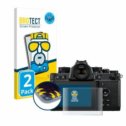 Front side of a product packaging with the brand logo BROTECT. Next to it is the device Nikon Z F shown with the corresponding