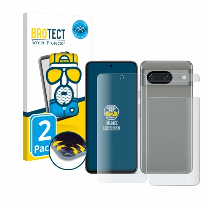Front side of a product packaging with the brand logo BROTECT. Next to it is the device Google Pixel 8 (Front+Back) shown with