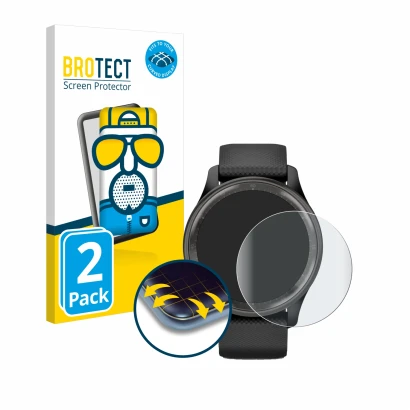 Front side of a product packaging with the brand logo BROTECT. Next to it is the device Garmin Vivomove Trend shown with the c