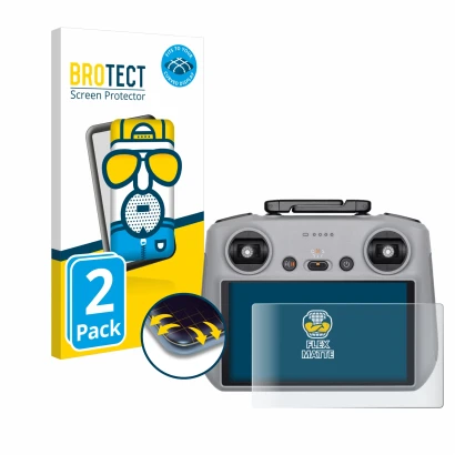 Front side of a product packaging with the brand logo BROTECT. Next to it is the device DJI RC 2 shown with the corresponding