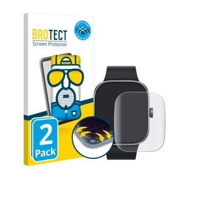 Front side of a product packaging with the brand logo BROTECT. Next to it is the device Xiaomi Redmi Watch 4 shown with the co