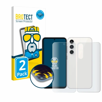Front side of a product packaging with the brand logo BROTECT. Next to it is the device Samsung Galaxy S23 FE (Front+Back) sho