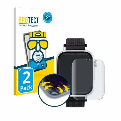 Front side of a product packaging with the brand logo BROTECT. Next to it is the device SaveFamily SaveWatch Plus shown with t