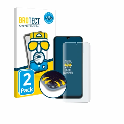 Front side of a product packaging with the brand logo BROTECT. Next to it is the device Samsung Galaxy M34 shown with the corr