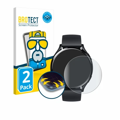 Front side of a product packaging with the brand logo BROTECT. Next to it is the device Xiaomi Watch 2 shown with the correspo