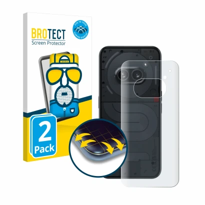 Front side of a product packaging with the brand logo BROTECT. Next to it is the device Nothing Phone (2a) (Back) shown with t