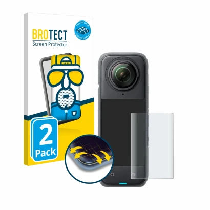 Front side of a product packaging with the brand logo BROTECT. Next to it is the device Insta360 X4 shown with the correspondi