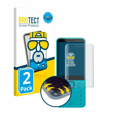 Front side of a product packaging with the brand logo BROTECT. Next to it is the device Nokia 235 4G (2024) shown with the cor