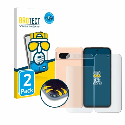 Front side of a product packaging with the brand logo BROTECT. Next to it is the device Google Pixel 8a (Front+Back) shown wit