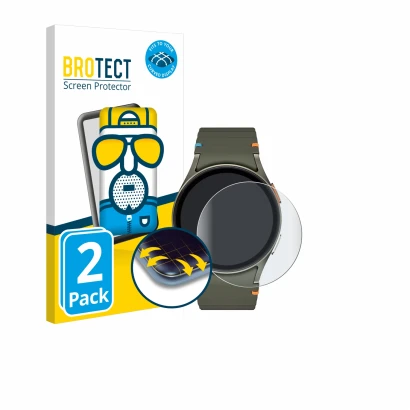 Front side of a product packaging with the brand logo BROTECT. Next to it is the device Samsung Galaxy Watch 7 (40 mm) shown w