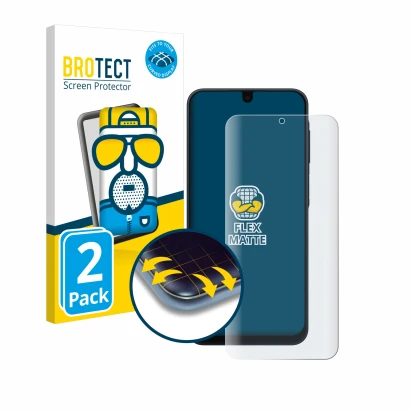 Front side of a product packaging with the brand logo BROTECT. Next to it is the device Samsung Galaxy A16 5G shown with the c