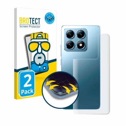 Front side of a product packaging with the brand logo BROTECT. Next to it is the device Xiaomi 14T Pro (Back) shown with the c