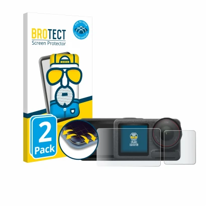 Front side of a product packaging with the brand logo BROTECT. Next to it is the device DJI Osmo Action 5 Pro shown with the c