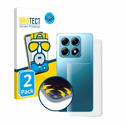 Front side of a product packaging with the brand logo BROTECT. Next to it is the device Xiaomi 14T (Back) shown with the corre