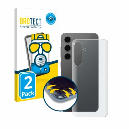 Front side of a product packaging with the brand logo BROTECT. Next to it is the device Samsung Galaxy S24 FE (Back) shown wit